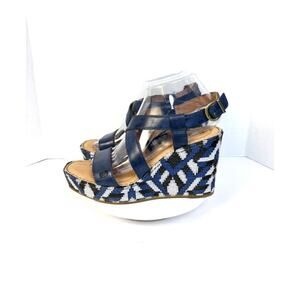 Born Blue Leather Strappy Wedge Sandals Platform Boho Woven Pattern Wedge Size 8